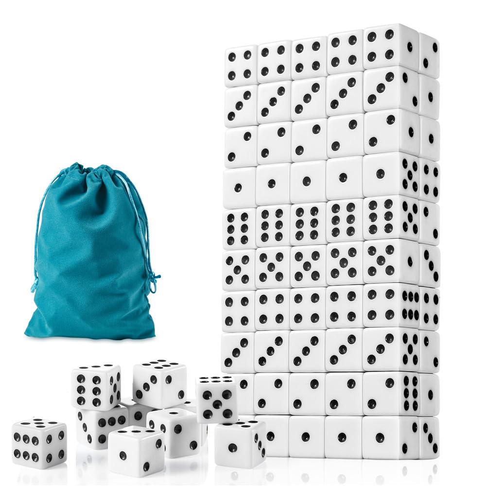 SLSESIN 100 Pieces Dice Set – 16mm White D6 Dice with Pouch for Board Games, Classrooms, and Events