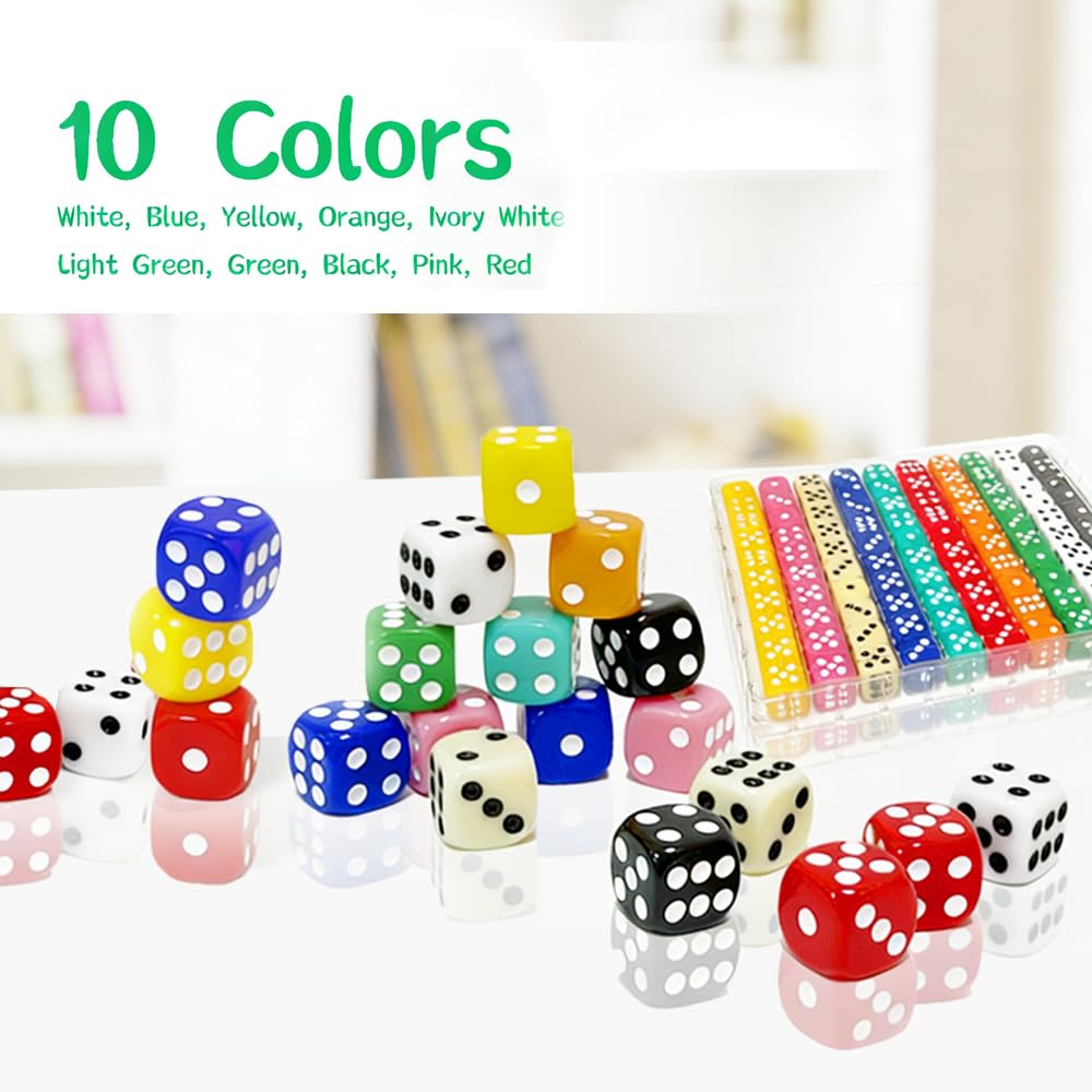 SLSESIN 100-Piece 16mm Dice Set – 10-Color Opaque D6 with Portable Box