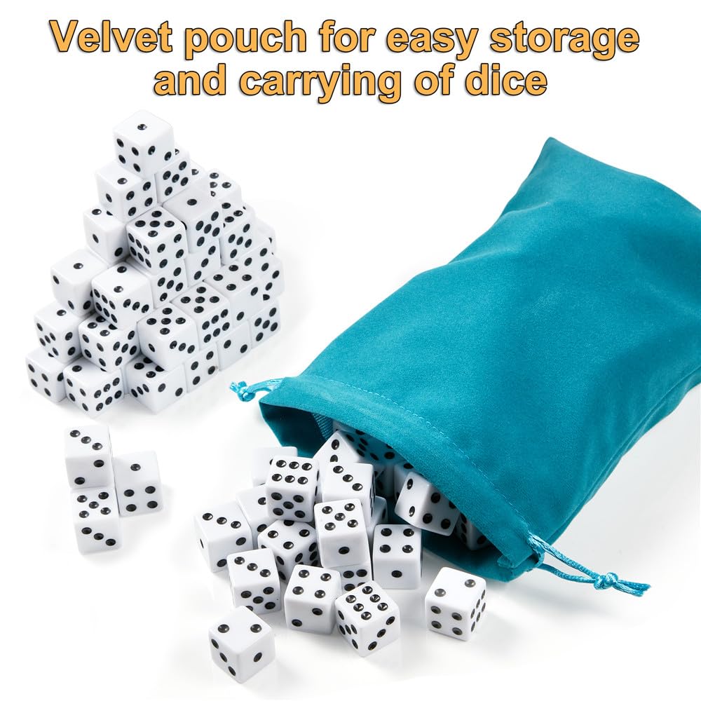 SLSESIN 100 Pieces Dice Set – 16mm White D6 Dice with Pouch for Board Games, Classrooms, and Events