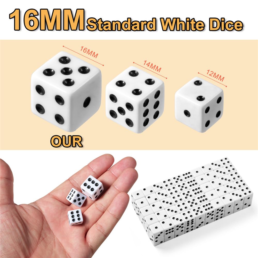SLSESIN 100 Pieces Dice Set – 16mm White D6 Dice with Pouch for Board Games, Classrooms, and Events