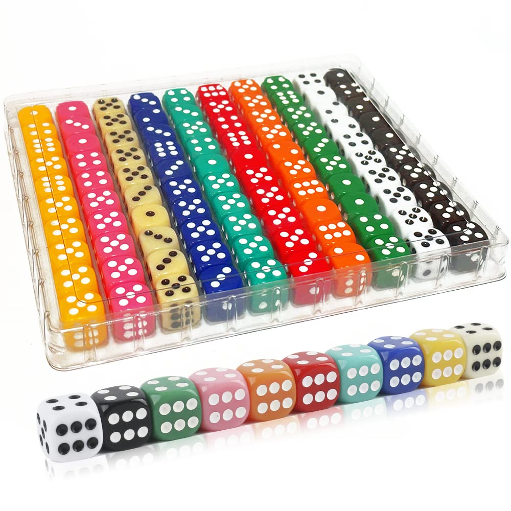 SLSESIN 100-Piece 16mm Dice Set – 10-Color Opaque D6 with Portable Box