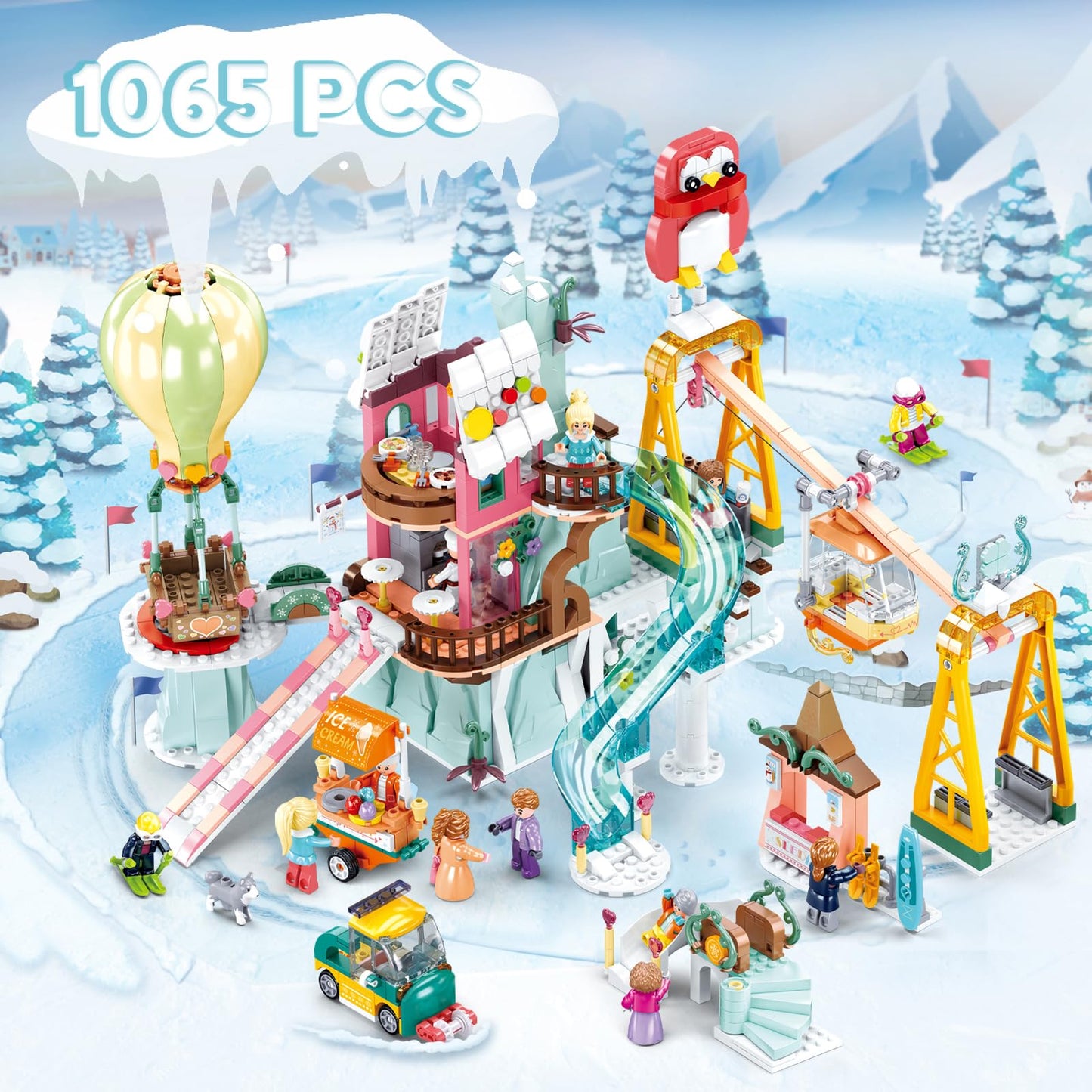 Sluban City Friend Ski Resort Building Set – 1065 PCS, 11 Minifigures, Movable Cableway, Compatible with Lego City Ski