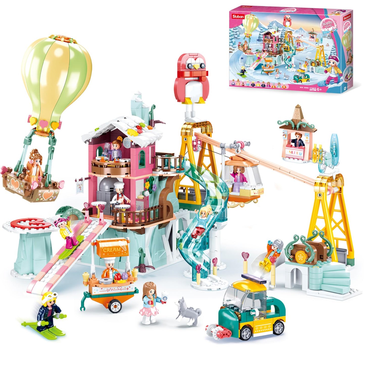 Sluban City Friend Ski Resort Building Set – 1065 PCS, 11 Minifigures, Movable Cableway, Compatible with Lego City Ski