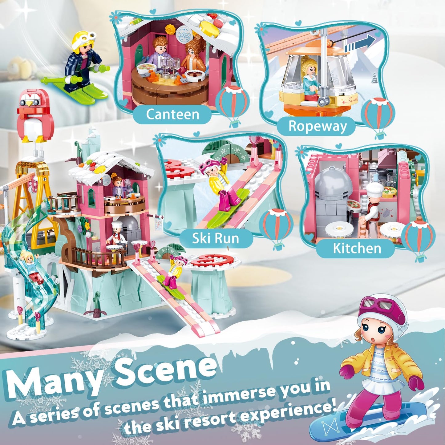 Sluban City Friend Ski Resort Building Set – 1065 PCS, 11 Minifigures, Movable Cableway, Compatible with Lego City Ski