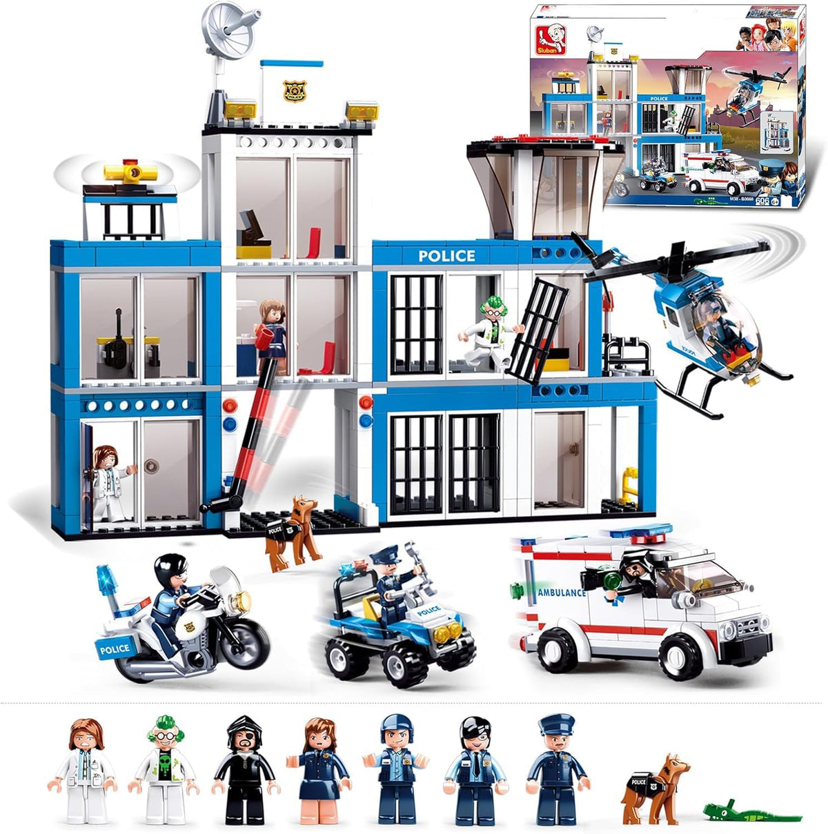 Sluban City Police Station Building Set – 606 Pieces, 8 Minifigures, 4 Vehicles