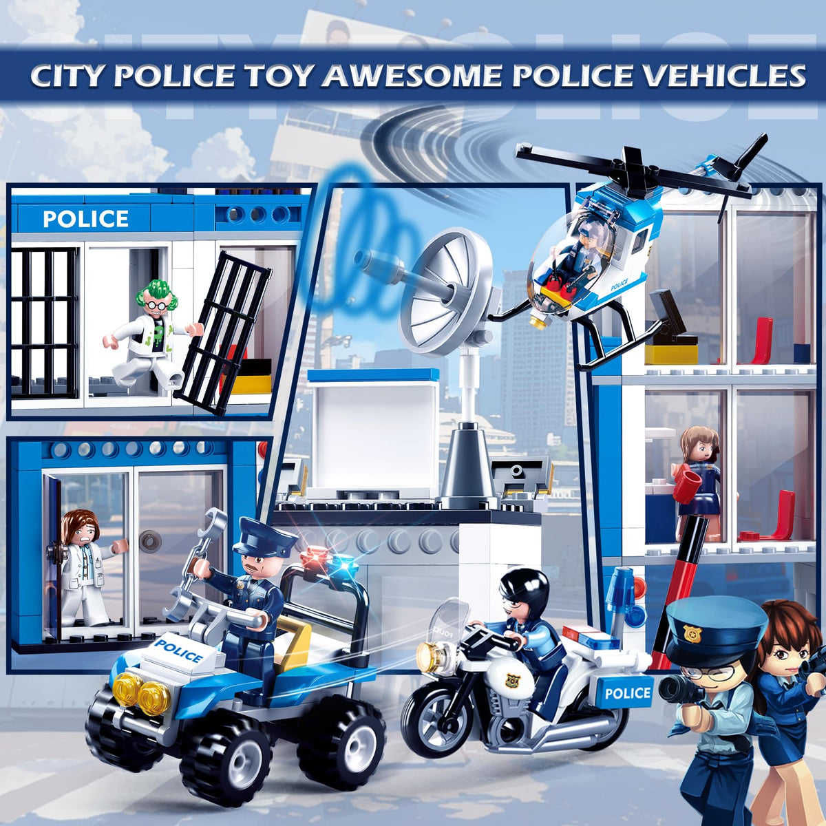 Sluban City Police Station Building Set – 606 Pieces, 8 Minifigures, 4 Vehicles
