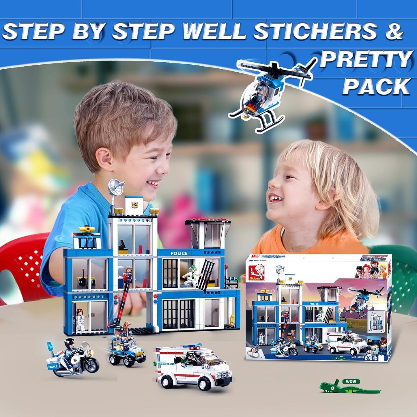 Sluban City Police Station Building Set – 606 Pieces, 8 Minifigures, 4 Vehicles
