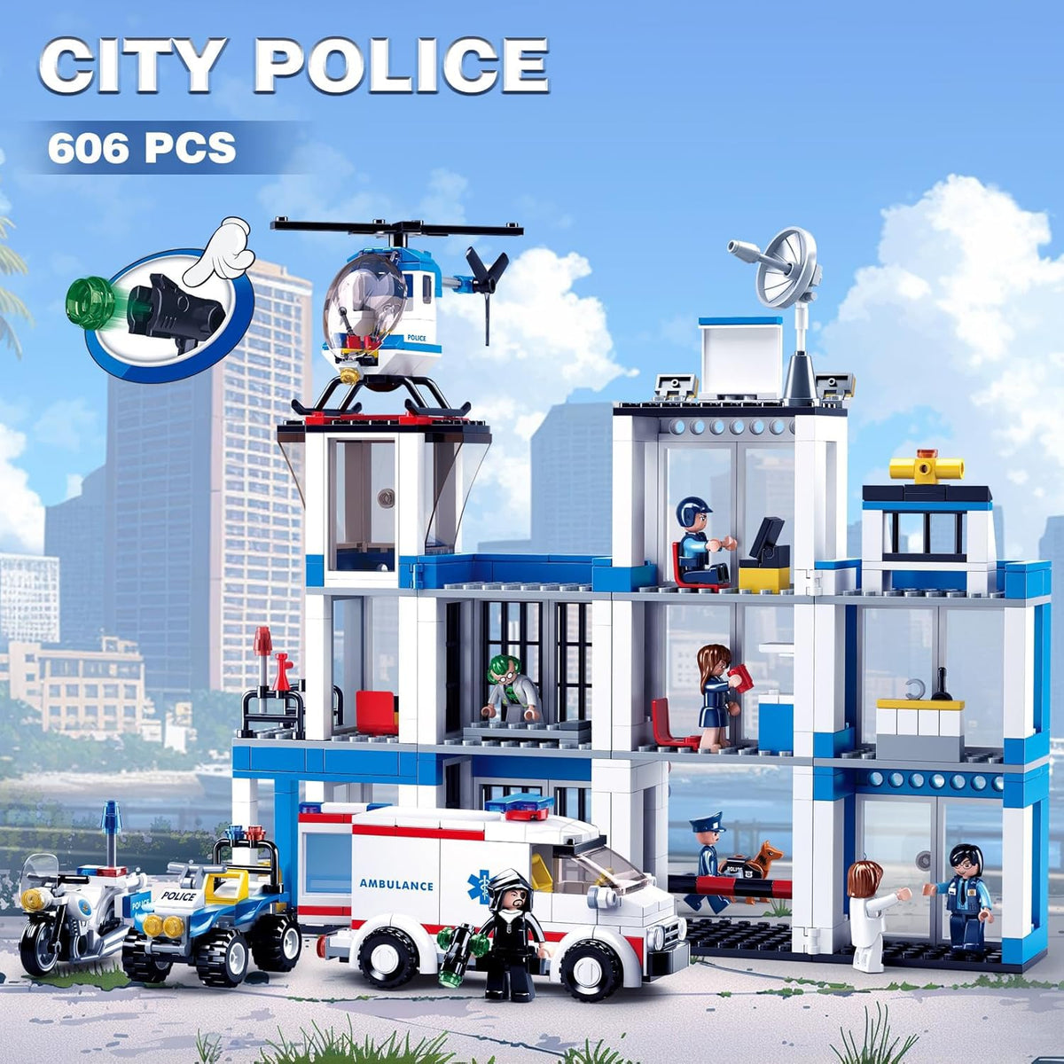 Sluban City Police Station Building Set – 606 Pieces, 8 Minifigures, 4 Vehicles
