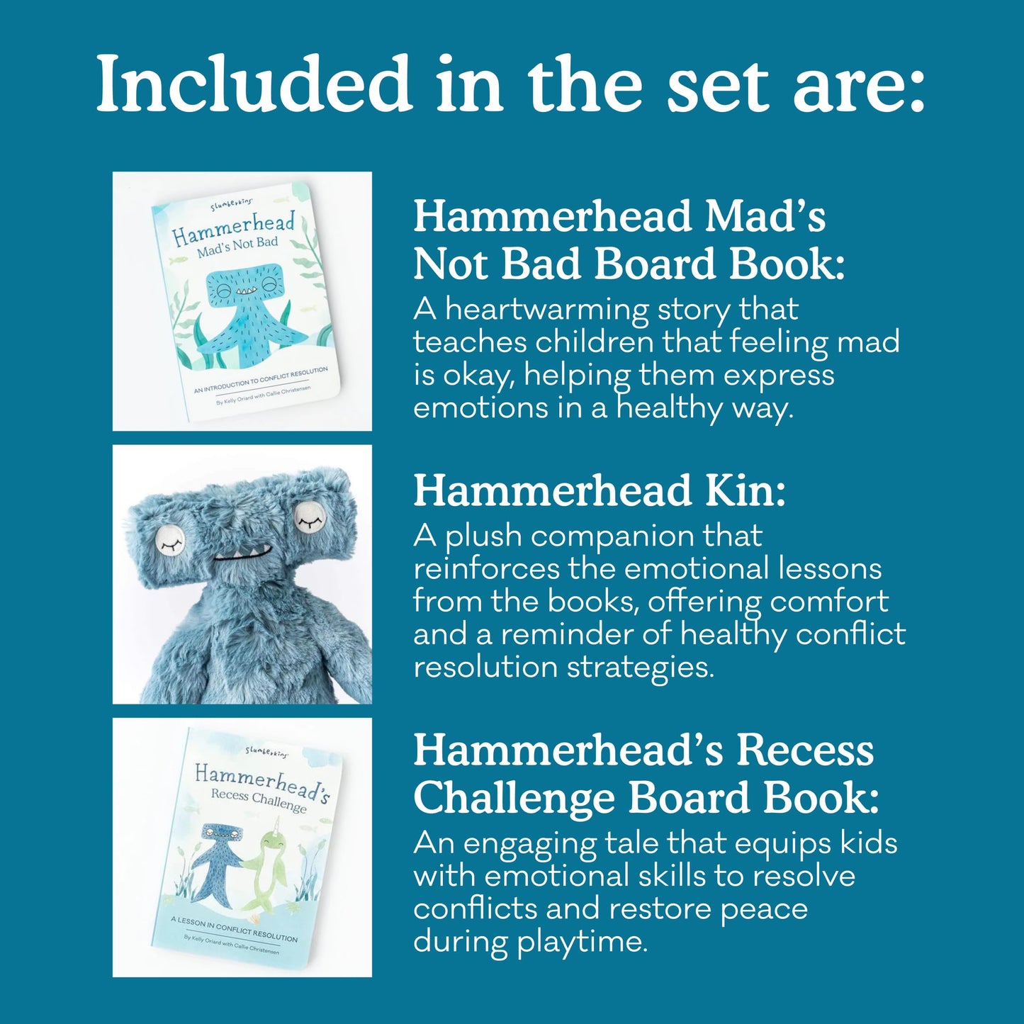 Slumberkins Hammerhead Kin & 2 Board Books Bundle – Social Skills & Conflict Resolution