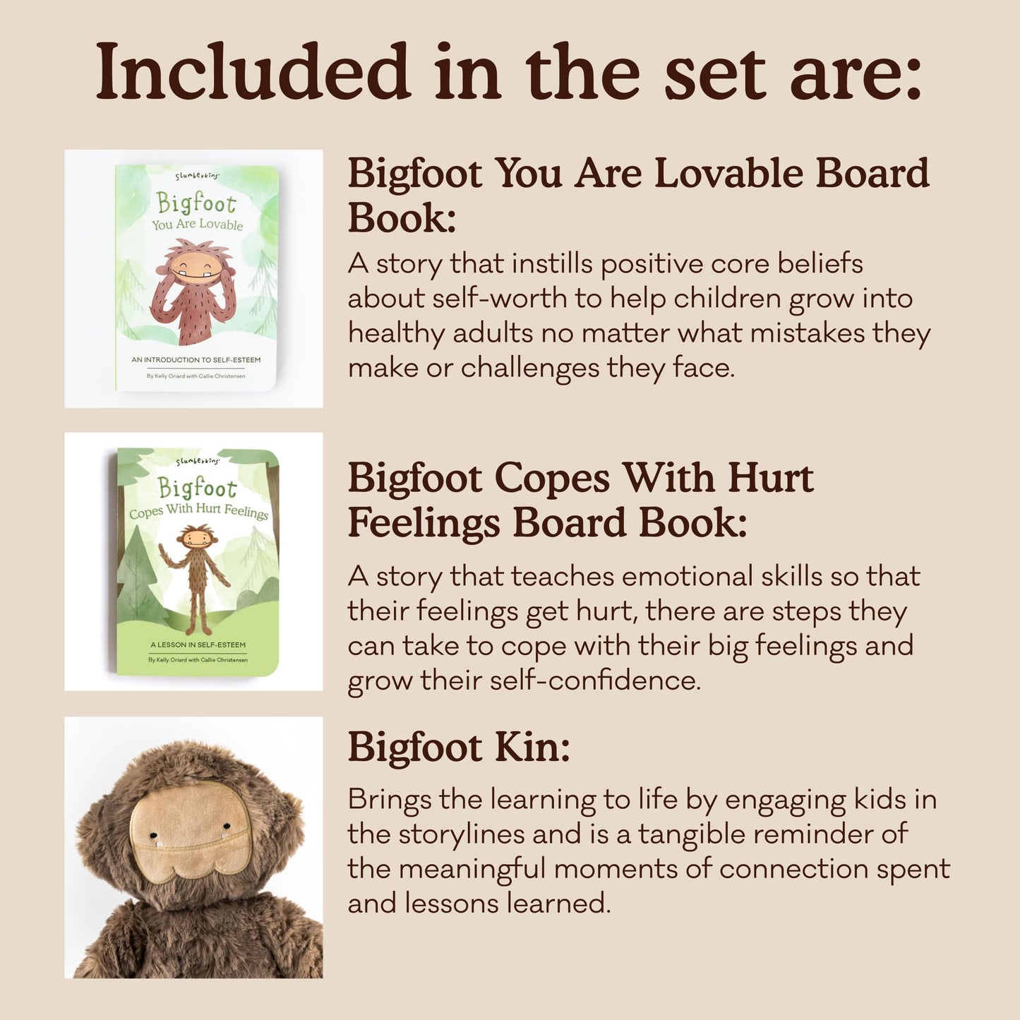 Slumberkins 14-inch Bigfoot Kin Plush + 2 Board Books Bundle | Soft Plush Toy for Ages 0+ | Supports Self-Esteem & Positive Relationships