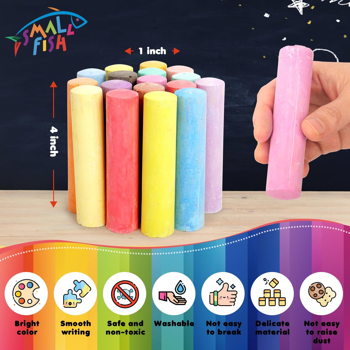 Small Fish 200PCS Washable Sidewalk Chalk Set – 20 Colors, Jumbo Outdoor Chalk
