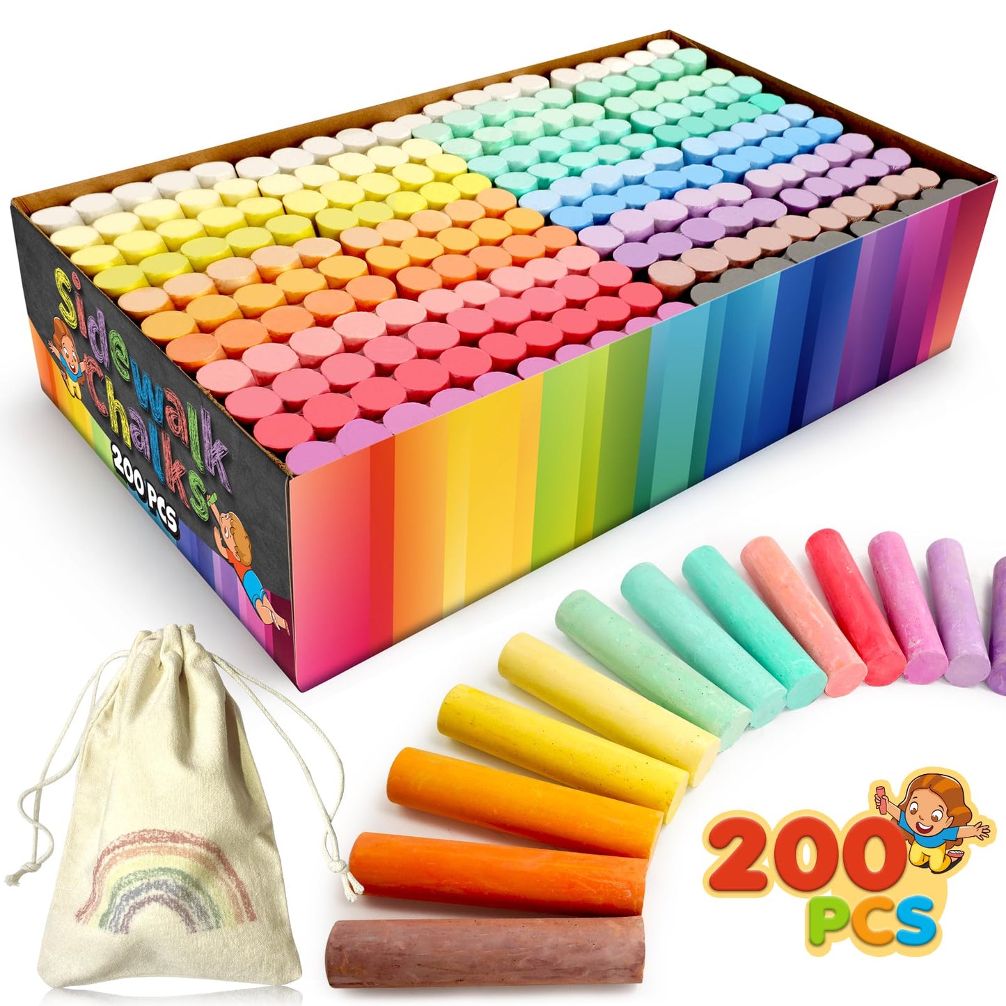 Small Fish 200PCS Washable Sidewalk Chalk Set – 20 Colors, Jumbo Outdoor Chalk