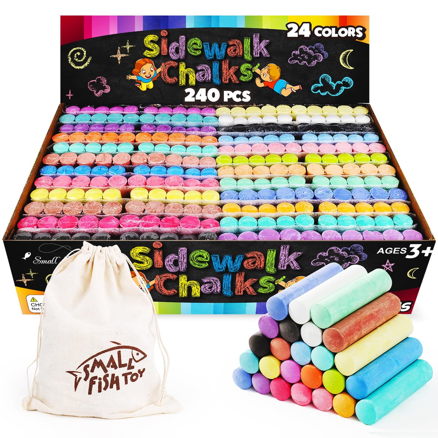 Small Fish 240PCS Washable Sidewalk Chalks - 24 Colors Jumbo Non-Toxic Outdoor Chalk Set