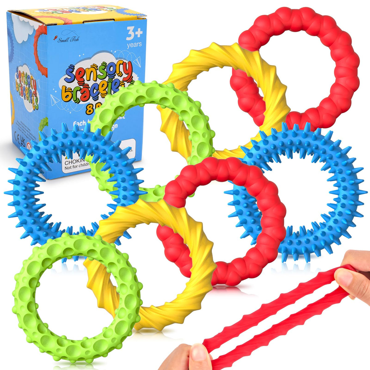 Small Fish 8 Pack Sensory Fidget Bracelets — Stretchy Textured Toys for Calm and Focus