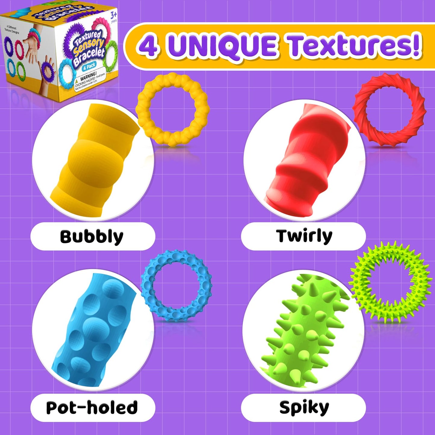 SMALL FISH 4-Pack Sensory Fidget Bracelets – Calming, Stretchy Texture Toys