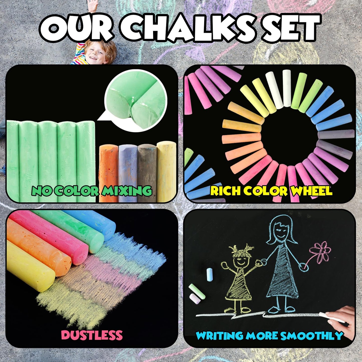 Small Fish 240PCS Washable Sidewalk Chalks - 24 Colors Jumbo Non-Toxic Outdoor Chalk Set