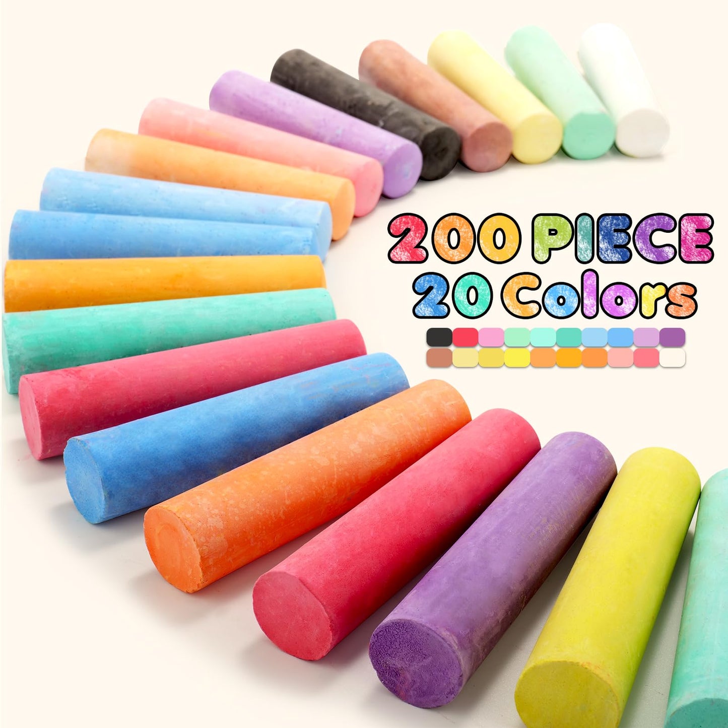Small Fish 200PCS Washable Sidewalk Chalk Set – 20 Colors, Jumbo Outdoor Chalk