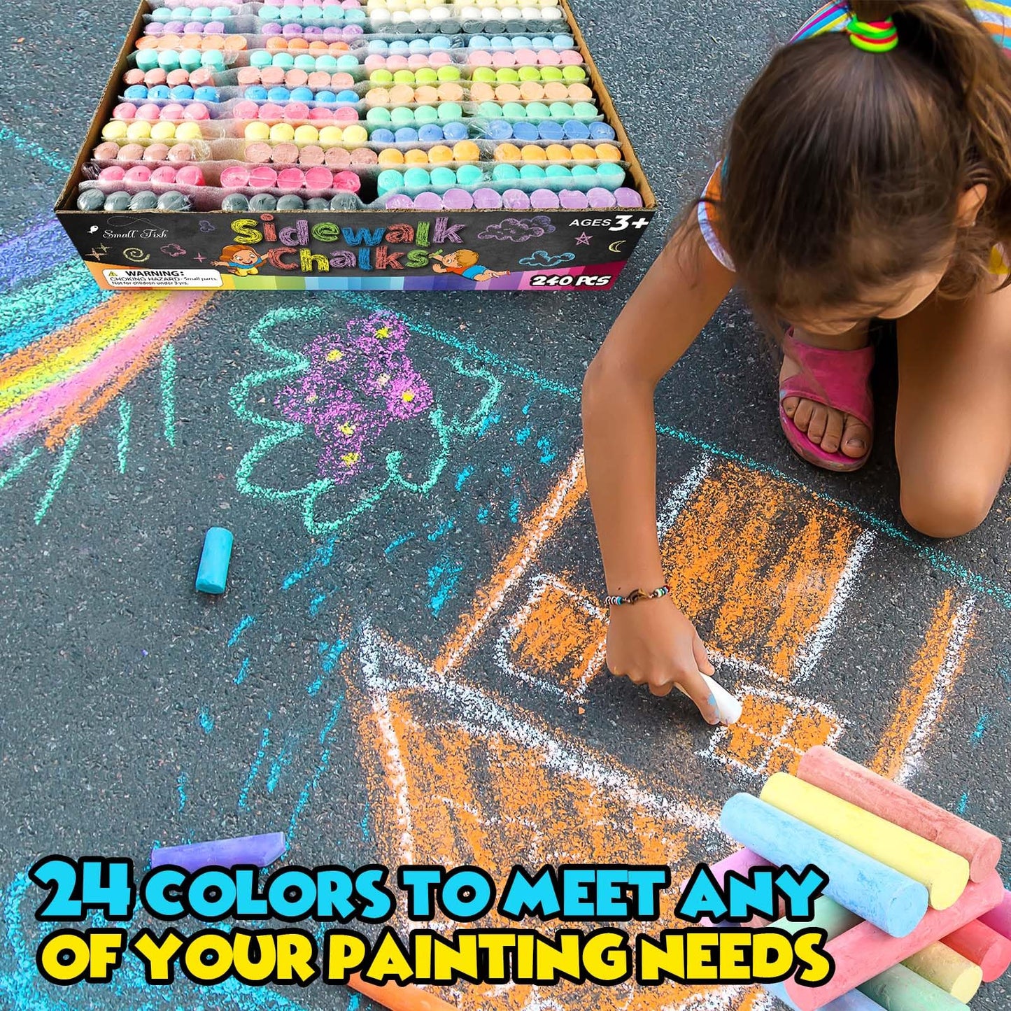 Small Fish 240PCS Washable Sidewalk Chalks - 24 Colors Jumbo Non-Toxic Outdoor Chalk Set