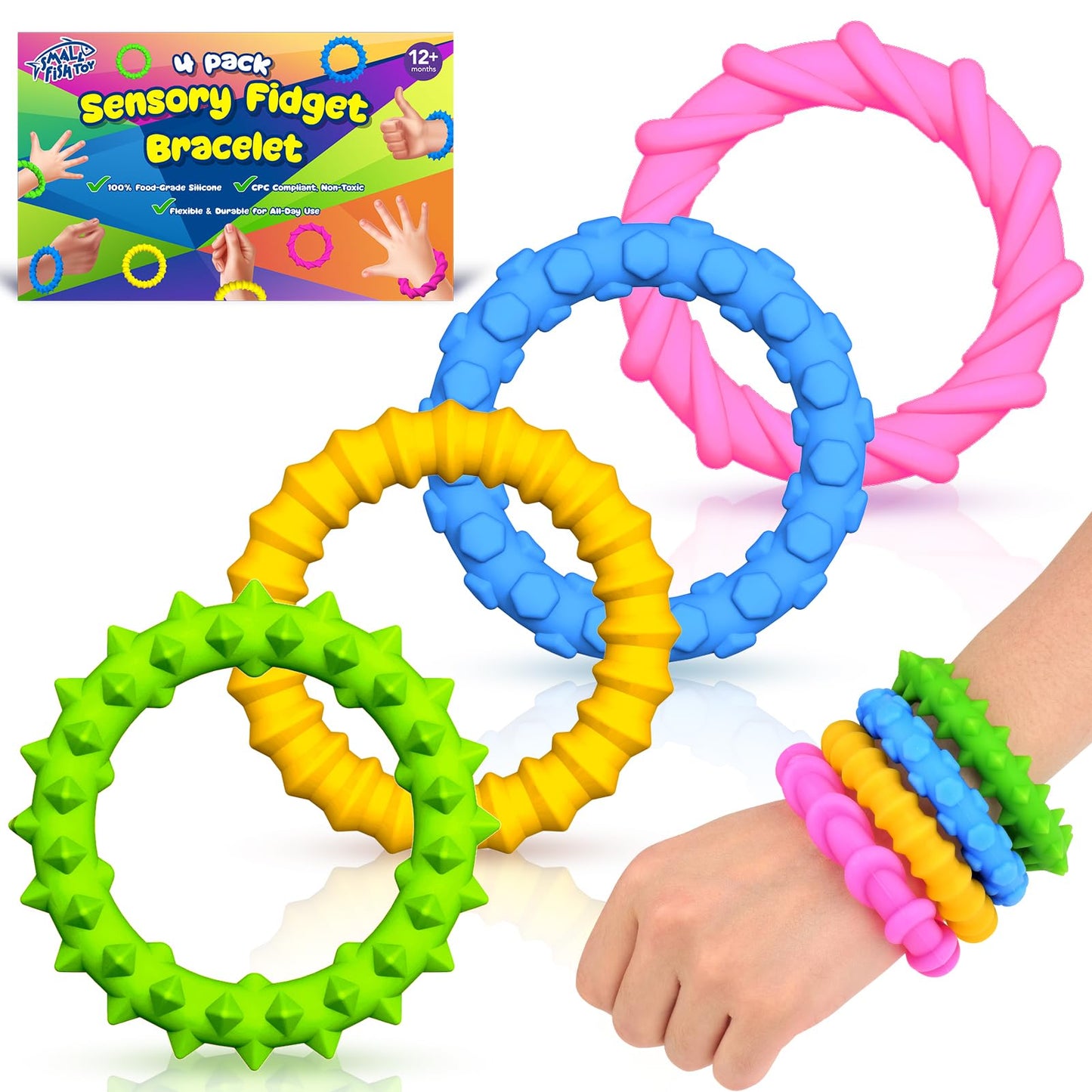 Small Fish Sensory Fidget Toys 4-Pack – Chewable Texture Bracelets for Calm Focus & Quiet Fun