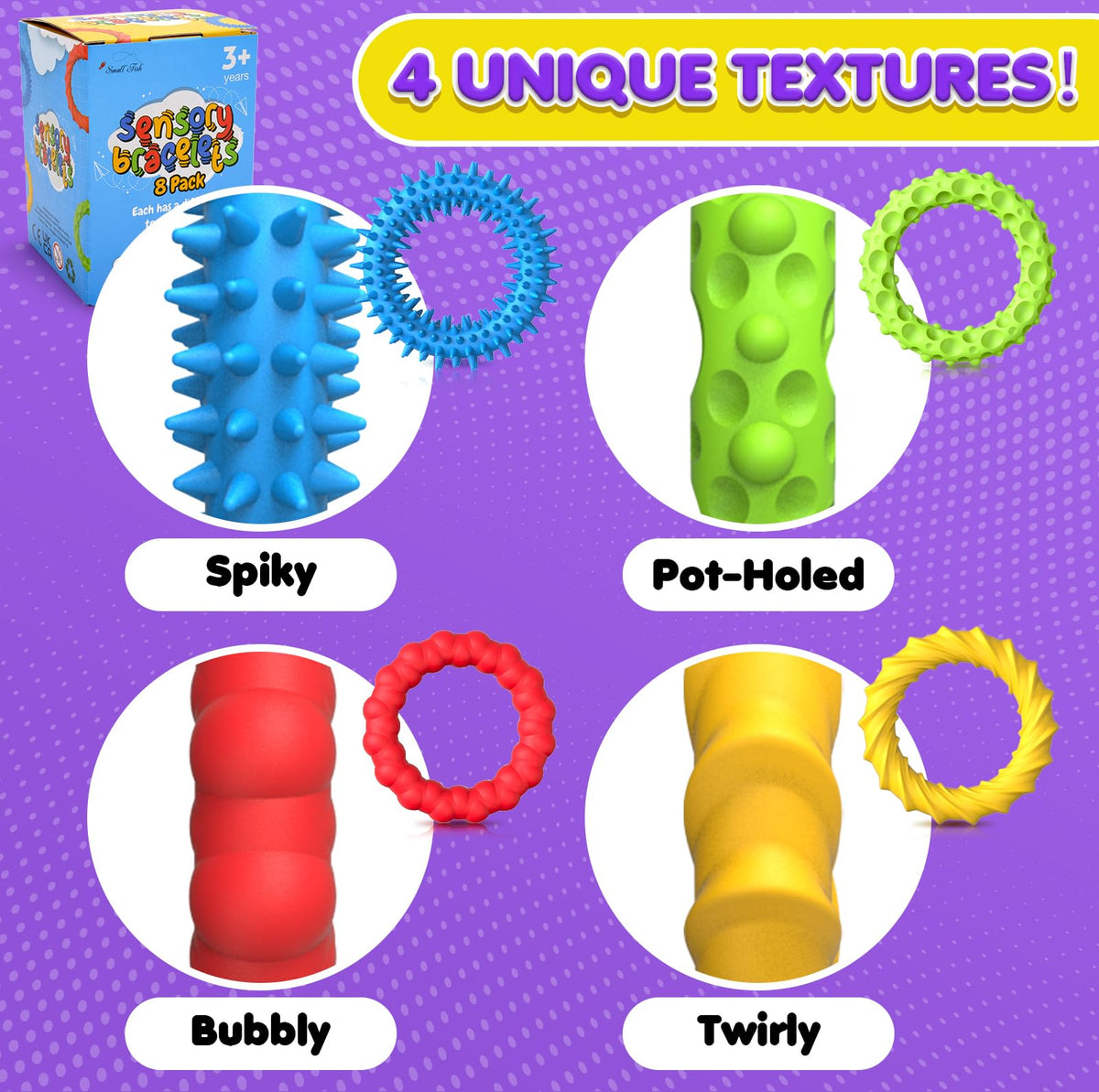 Small Fish 8 Pack Sensory Fidget Bracelets — Stretchy Textured Toys for Calm and Focus