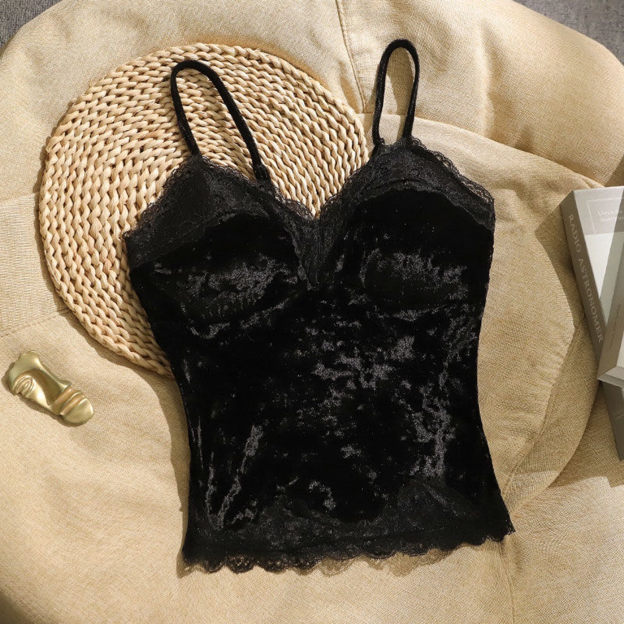 Small Sling Velvet Top, Lace Underwear Top With Chest Pad