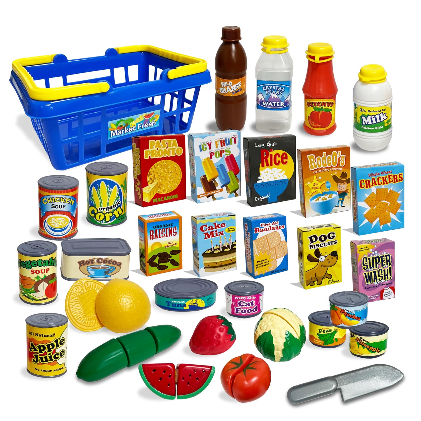 Small World Toys Kids Grocery Basket Play Set – 32-Piece Pretend Food Kit