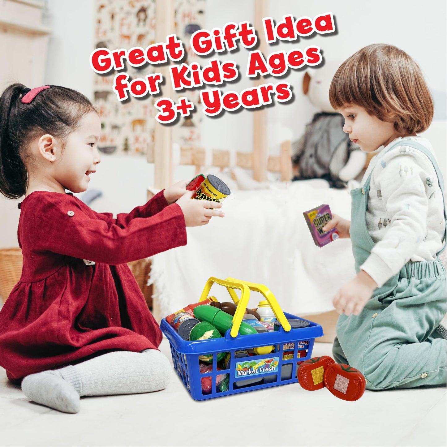 Small World Toys Kids Grocery Basket Play Set – 32-Piece Pretend Food Kit