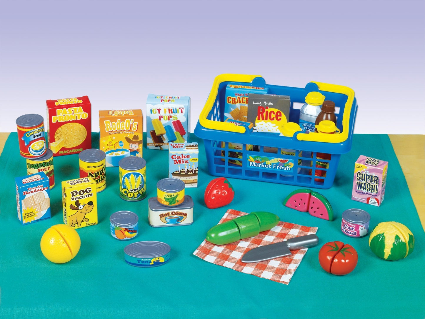 Small World Toys Kids Grocery Basket Play Set – 32-Piece Pretend Food Kit