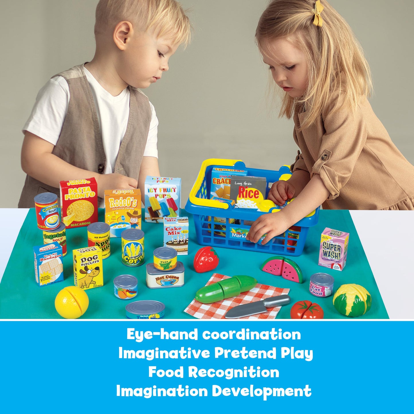 Small World Toys Kids Grocery Basket Play Set – 32-Piece Pretend Food Kit