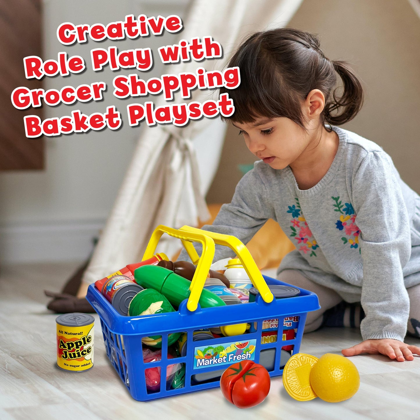 Small World Toys Kids Grocery Basket Play Set – 32-Piece Pretend Food Kit