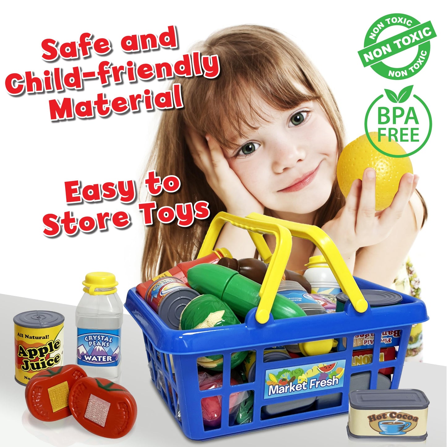 Small World Toys Kids Grocery Basket Play Set – 32-Piece Pretend Food Kit