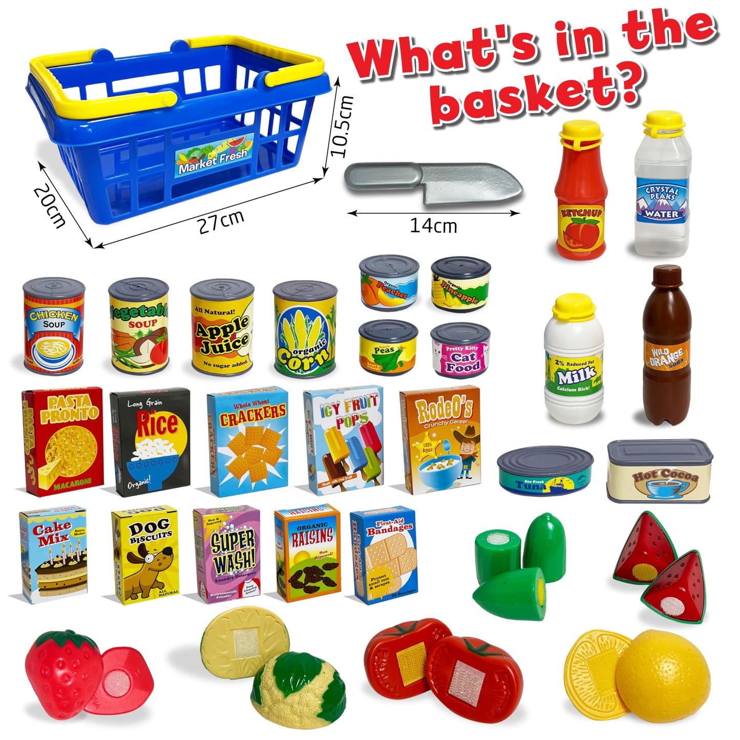 Small World Toys Kids Grocery Basket Play Set – 32-Piece Pretend Food Kit