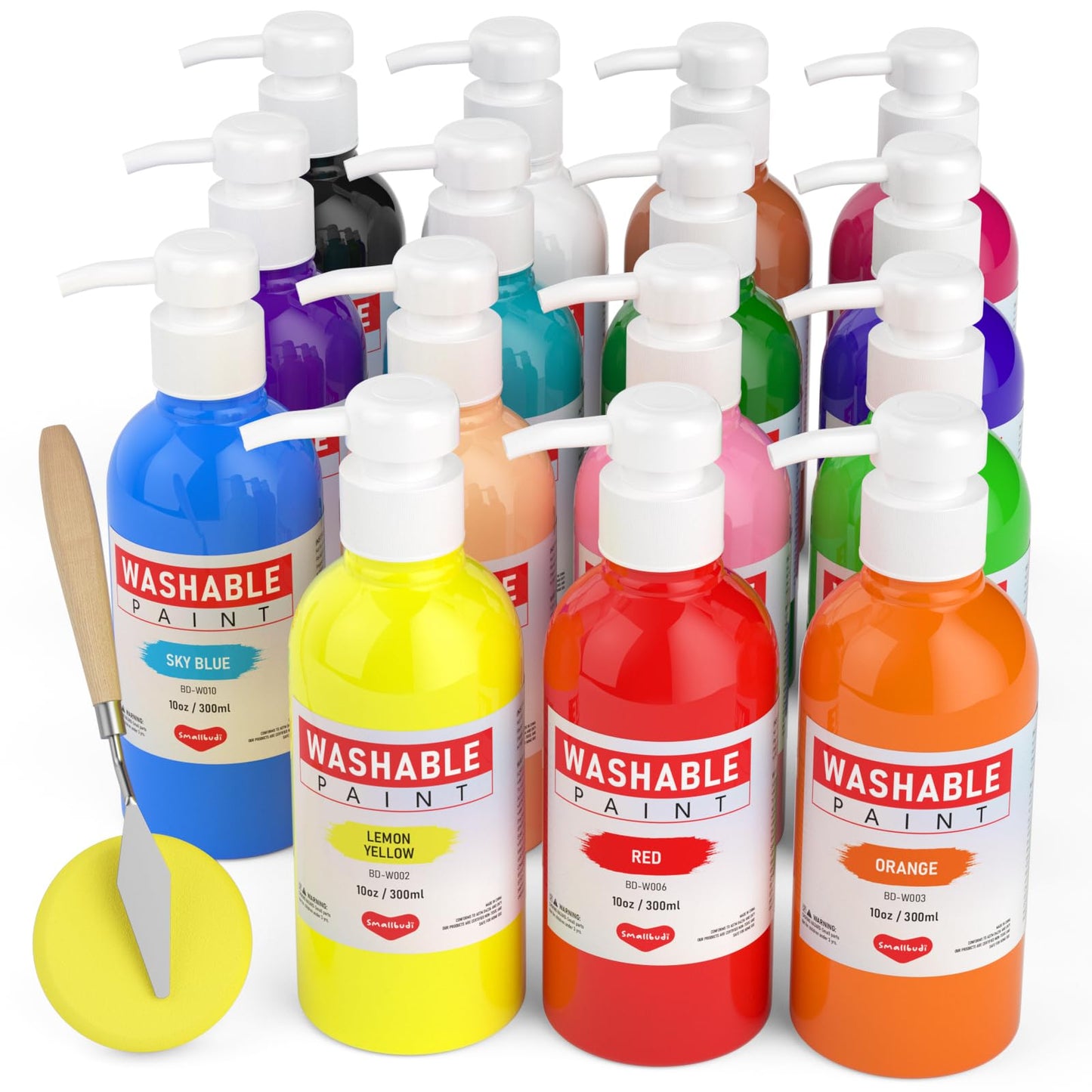 Smallbudi 15 Colors Large Washable Paint Set with Pump — 10oz Tempera for Kids (Non-Toxic Bulk Art Supplies)