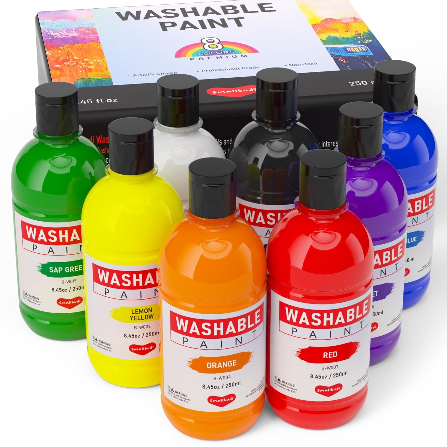 Smallbudi 8-Color Large Washable Tempera Paint Set – 250ml, Non-Toxic Kids Art Supplies