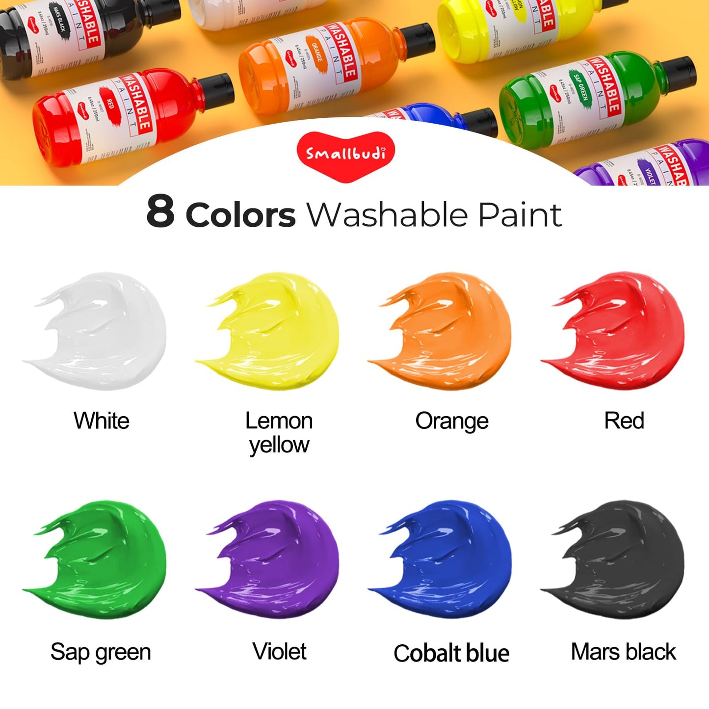 Smallbudi 8-Color Large Washable Tempera Paint Set – 250ml, Non-Toxic Kids Art Supplies