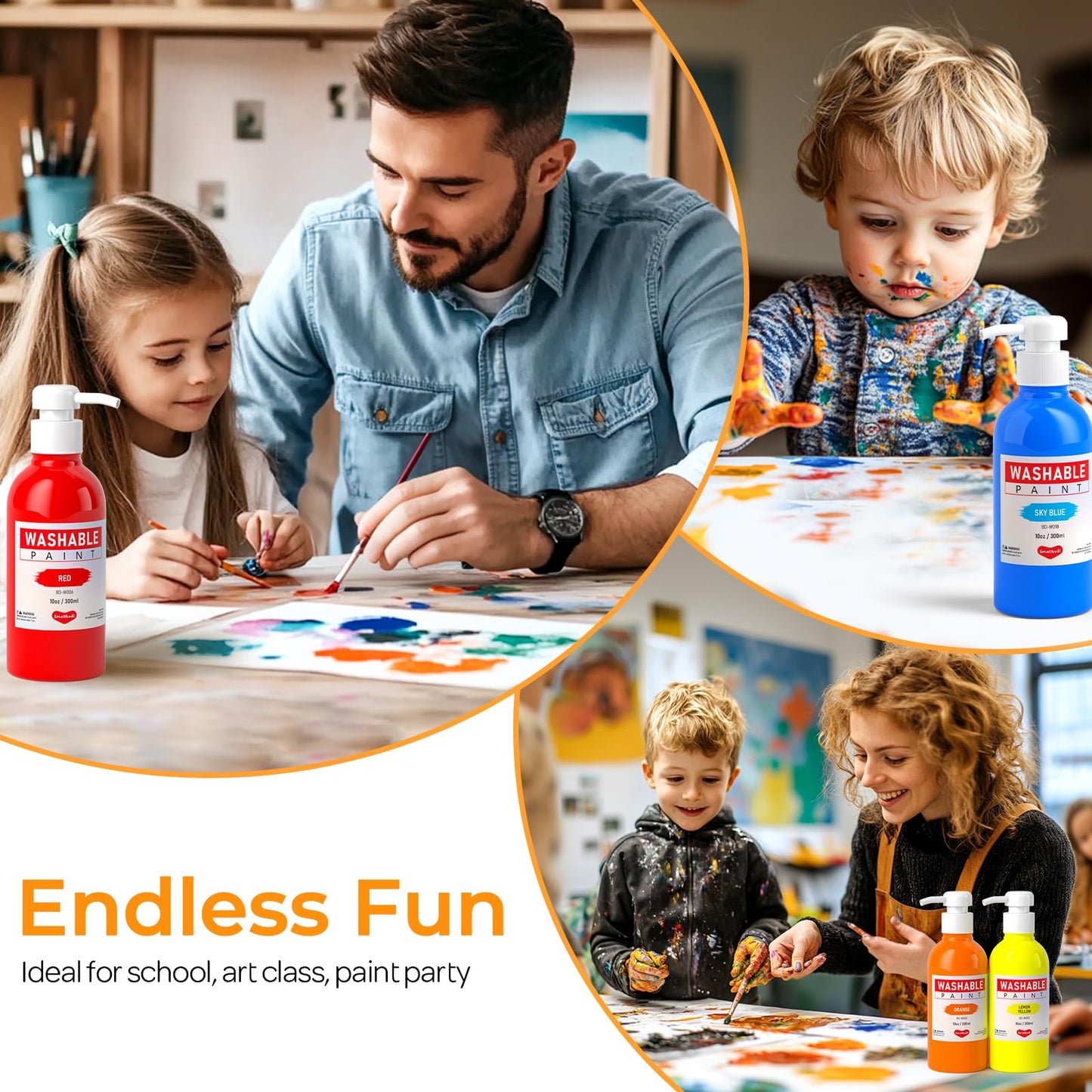 Smallbudi 15 Colors Large Washable Paint Set with Pump — 10oz Tempera for Kids (Non-Toxic Bulk Art Supplies)
