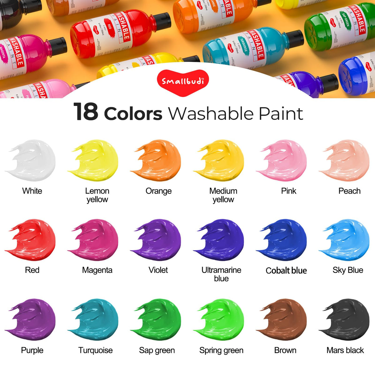 Smallbudi 18 Colors Large Washable Tempera Paint Set – 8.45oz/250ml, Non-Toxic for Kids