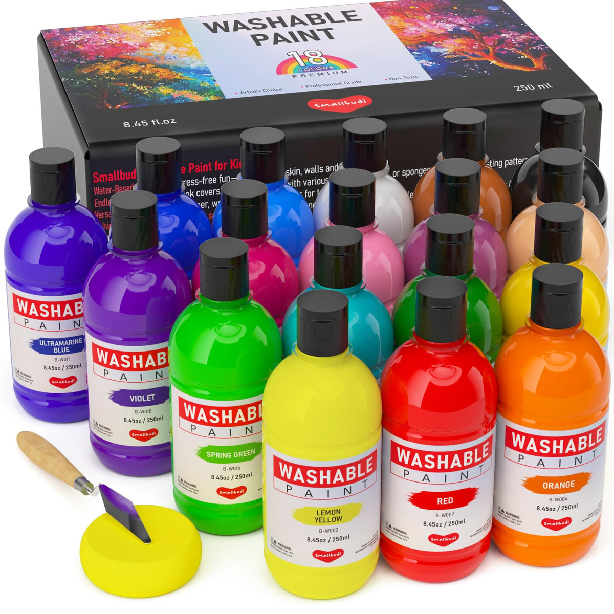Smallbudi 18 Colors Large Washable Tempera Paint Set – 8.45oz/250ml, Non-Toxic for Kids