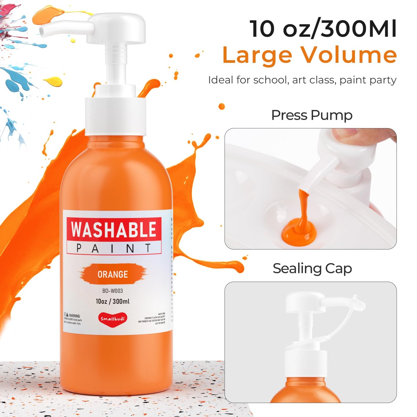Smallbudi 15 Colors Large Washable Paint Set with Pump — 10oz Tempera for Kids (Non-Toxic Bulk Art Supplies)