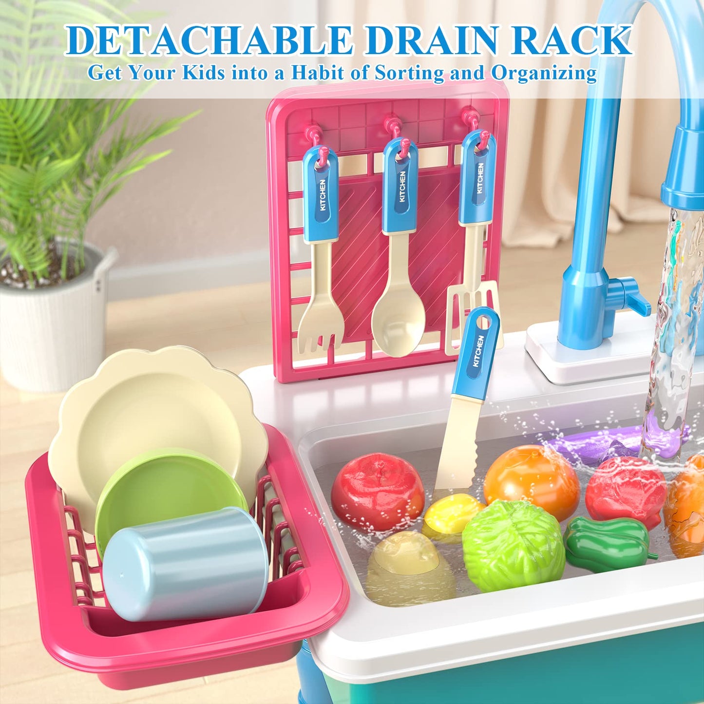 SmartChef Play Kitchen Sink Toys – Blue Electric Running-Water Dishwashing Toy for Toddlers