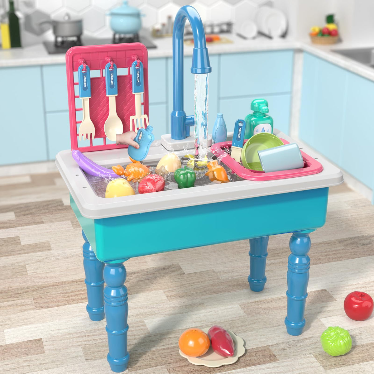 SmartChef Play Kitchen Sink Toys – Blue Electric Running-Water Dishwashing Toy for Toddlers