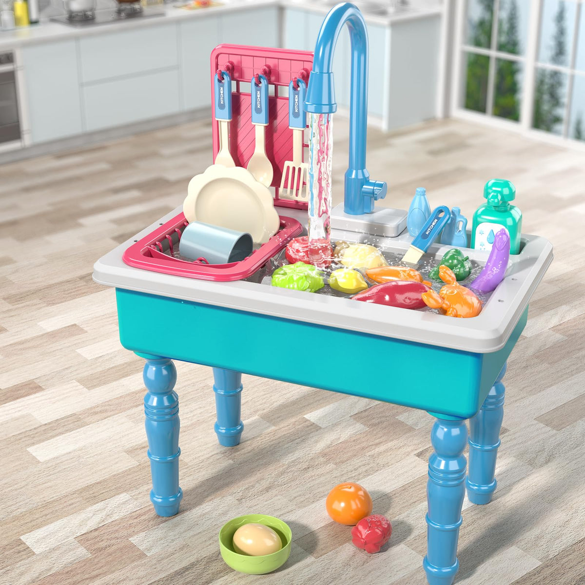 SmartChef Play Kitchen Sink Toys – Blue Electric Running-Water Dishwashing Toy for Toddlers