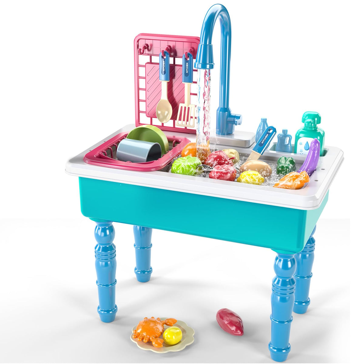 SmartChef Play Kitchen Sink Toys – Blue Electric Running-Water Dishwashing Toy for Toddlers