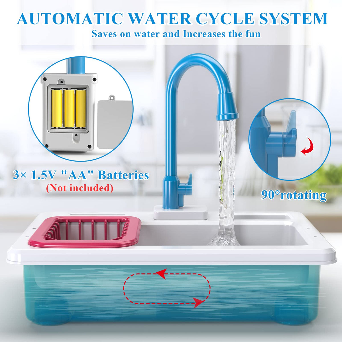 SmartChef Play Kitchen Sink Toys – Blue Electric Running-Water Dishwashing Toy for Toddlers
