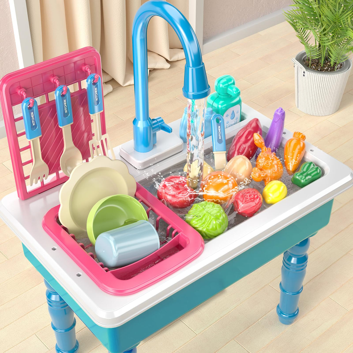 SmartChef Play Kitchen Sink Toys – Blue Electric Running-Water Dishwashing Toy for Toddlers