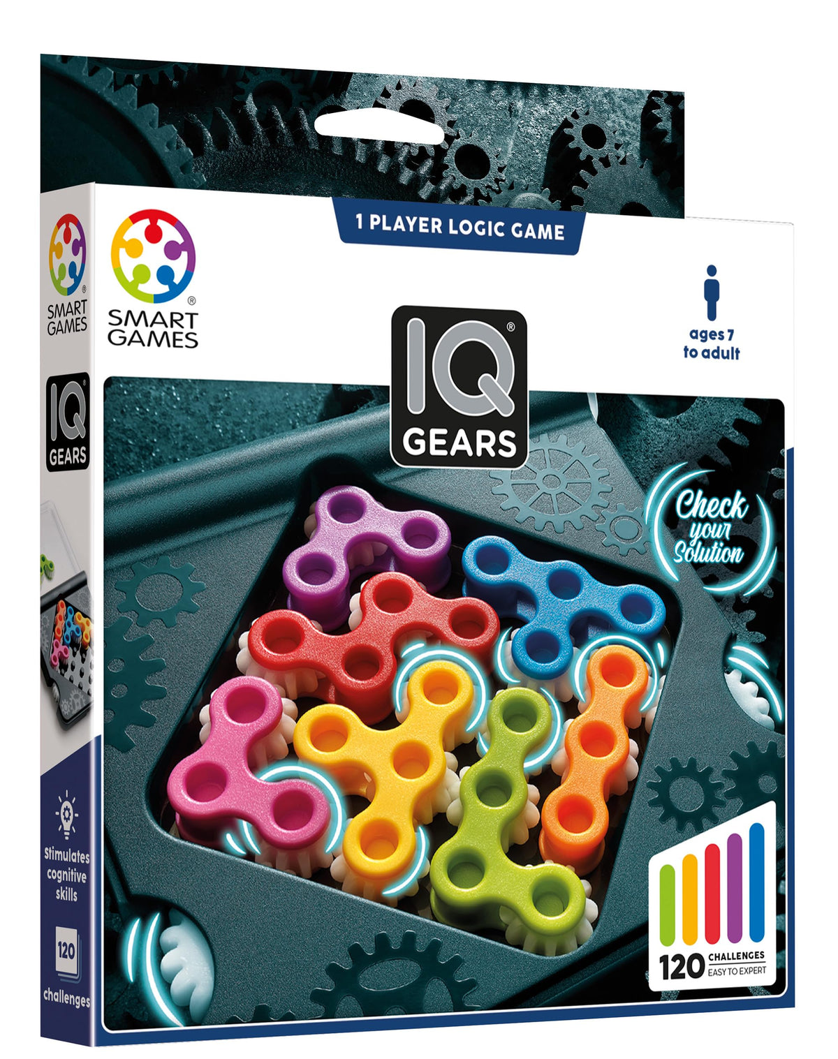 SmartGames IQ Gears Travel-Friendly Logic Puzzle – 120 Challenges for Ages 7 to Adult
