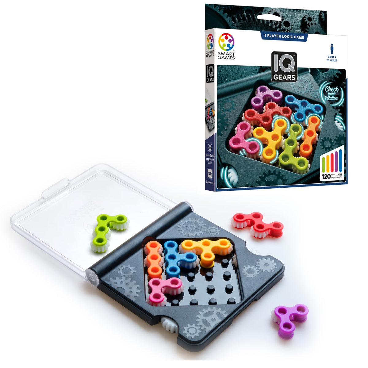 SmartGames IQ Gears Travel-Friendly Logic Puzzle – 120 Challenges for Ages 7 to Adult
