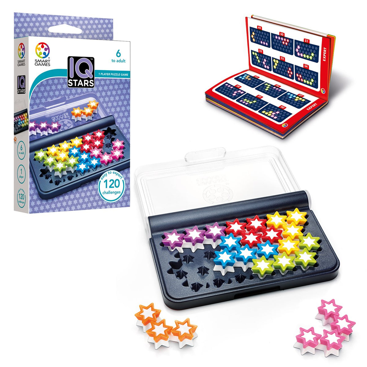 SmartGames IQ Stars – Compact Travel Puzzle Game with 120 Challenges | Solo Logic Brain-Teaser for Kids & Adults