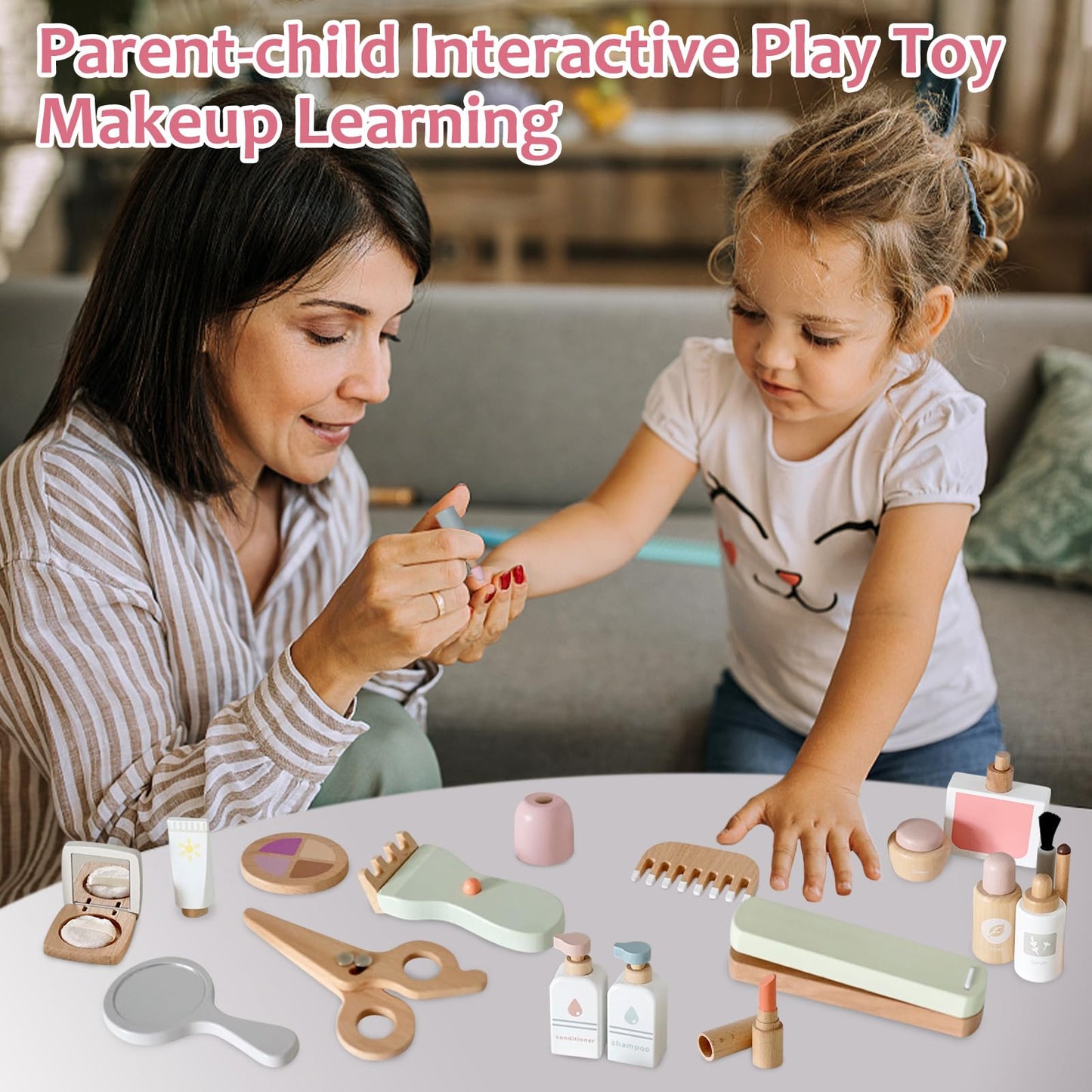 Smartwo 22-Pcs Wooden Makeup Toy Set for Toddlers – Pretend Play Beauty Kit with Realistic Accessories