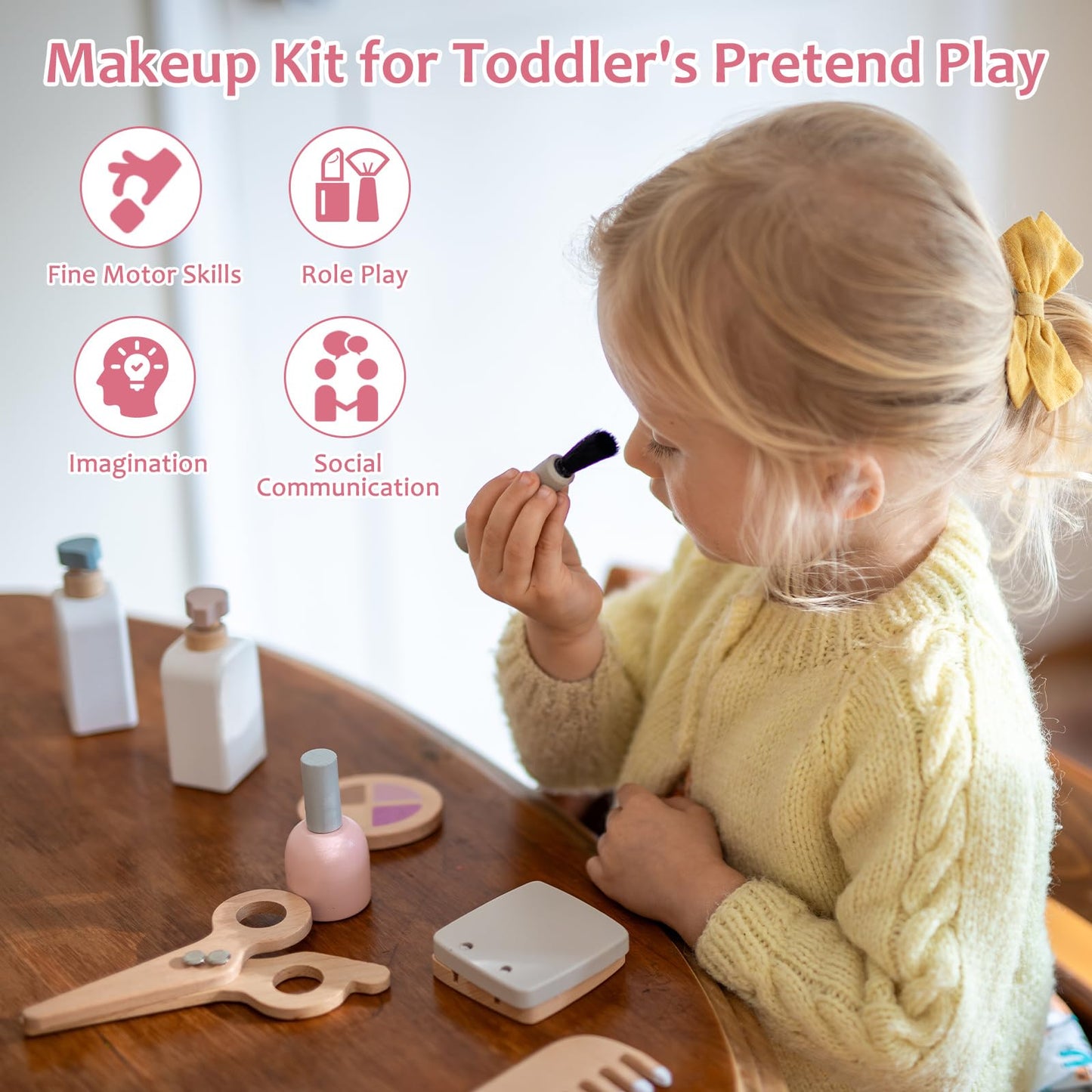 Smartwo 22-Pcs Wooden Makeup Toy Set for Toddlers – Pretend Play Beauty Kit with Realistic Accessories